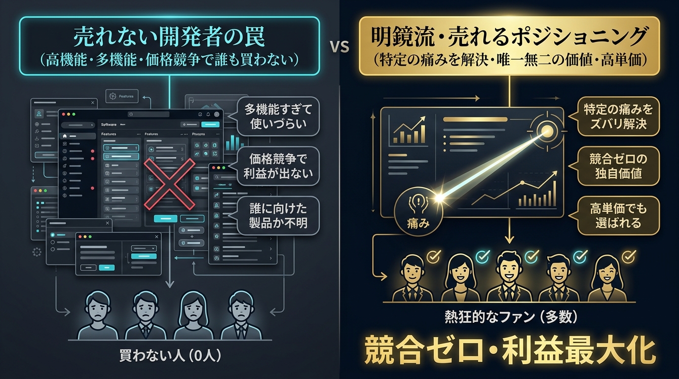 売れない開発者の罠と明鏡流・売れるポジショニングの比較図解