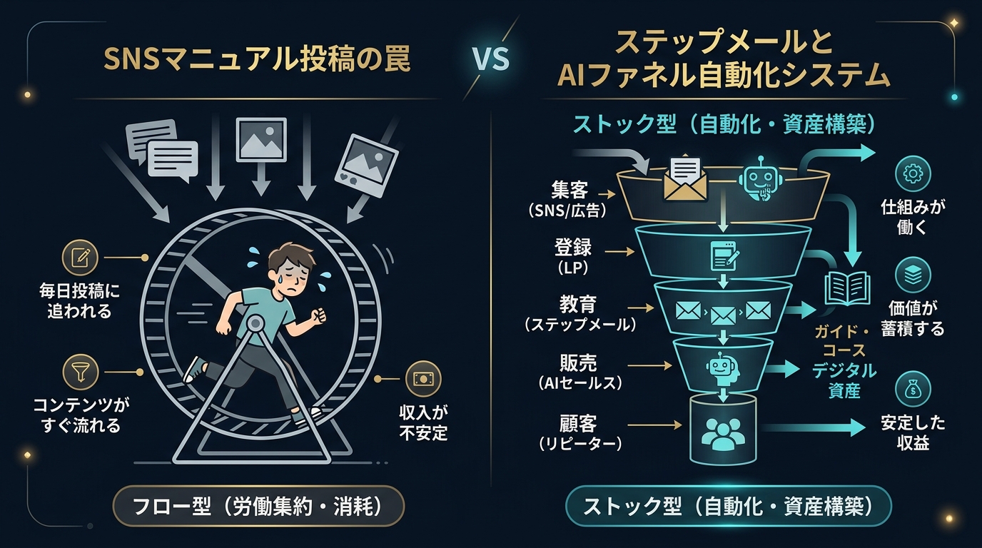 SNSマニュアル投稿の罠とステップメール・AIファネル自動化システムの比較