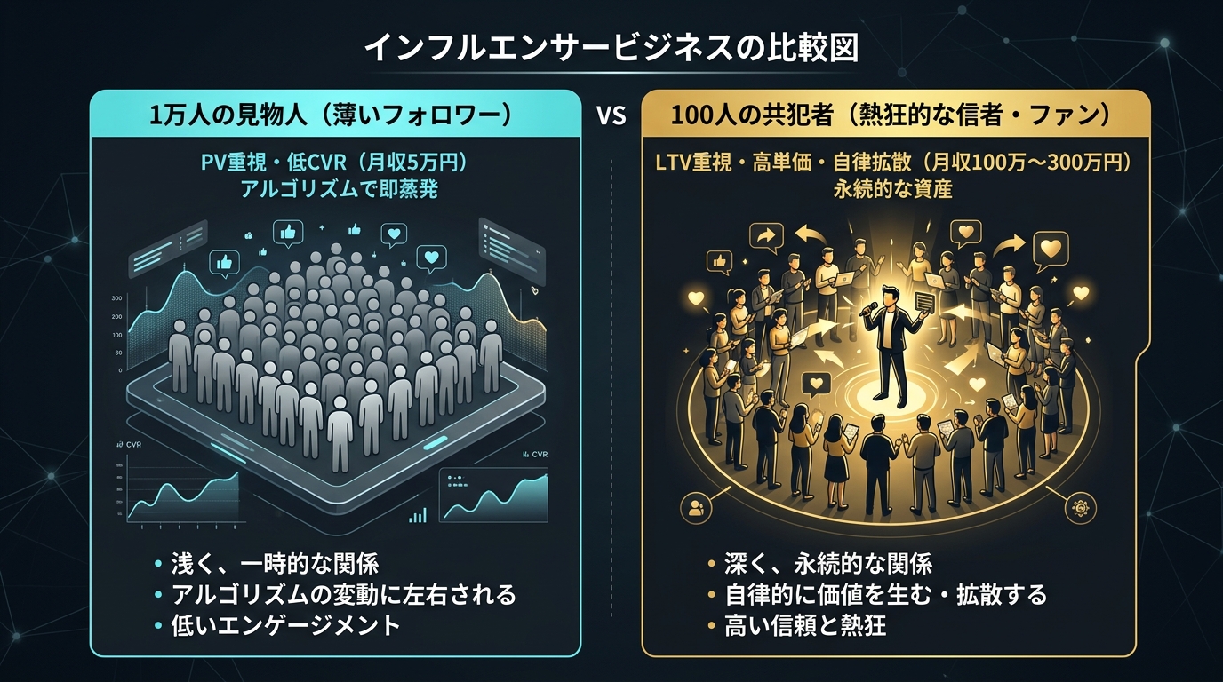 インフルエンサービジネスの比較図:1万人の見物人 vs 100人の共犯者